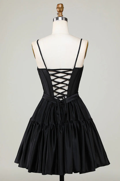 Fashionable A-line thin shoulder strap black short Cocktail Dresses