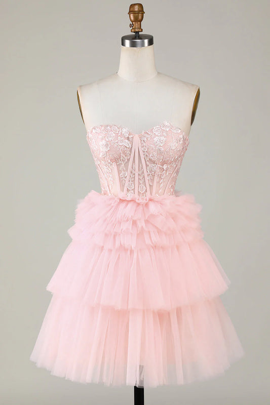 Fashionable A-shaped Sweetheart Pink Ruffle Edge Short Cocktail Dresses