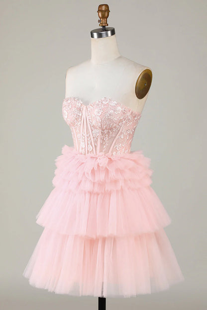 Fashionable A-shaped Sweetheart Pink Ruffle Edge Short Cocktail Dresses