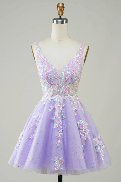 Purple red sequin V-neck backless short Cocktail Dresses