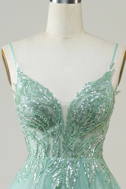Green A-shaped cute beaded Cocktail Dresses