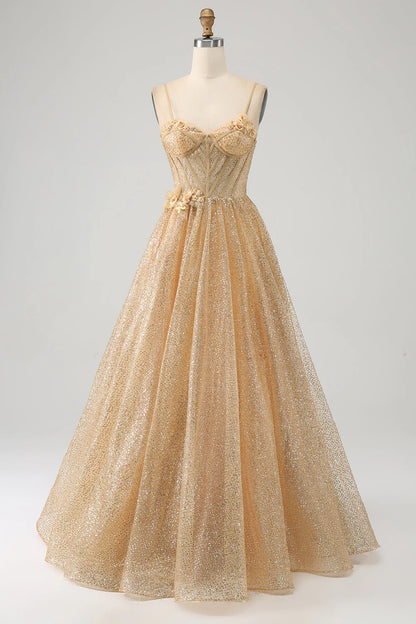 Shiny golden flower waist length prom dress