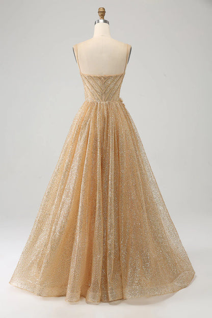Shiny golden flower waist length prom dress