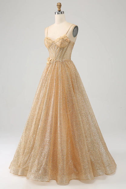 Shiny golden flower waist length prom dress