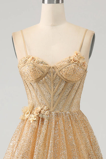 Shiny golden flower waist length prom dress