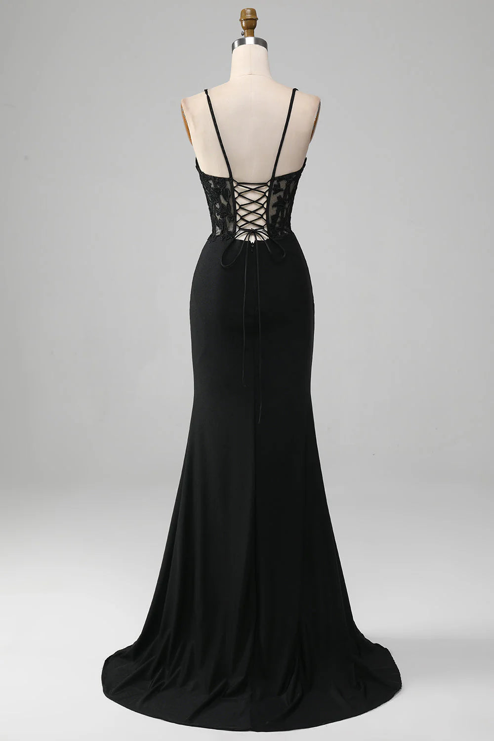 Black Mermaid Thin Shoulder Strap Applique Tight Corset Prom Dress