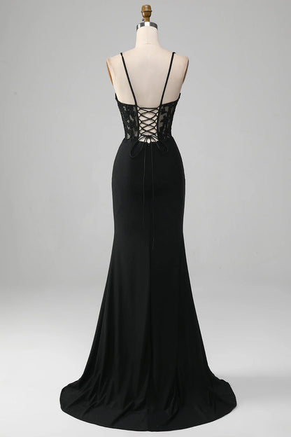 Black Mermaid Thin Shoulder Strap Applique Tight Corset Prom Dress