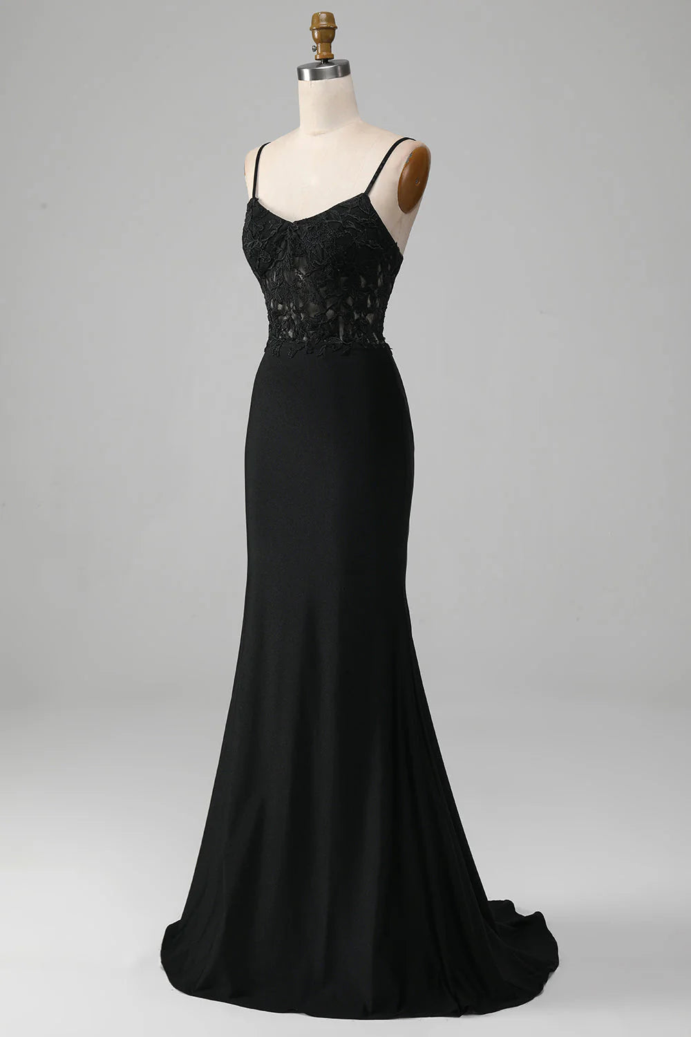 Black Mermaid Thin Shoulder Strap Applique Tight Corset Prom Dress