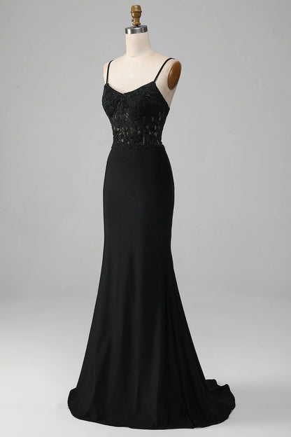 Black Mermaid Thin Shoulder Strap Applique Tight Corset Prom Dress