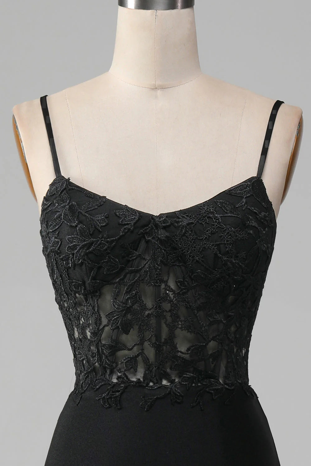 Black Mermaid Thin Shoulder Strap Applique Tight Corset Prom Dress