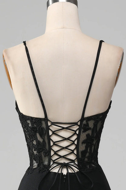 Black Mermaid Thin Shoulder Strap Applique Tight Corset Prom Dress
