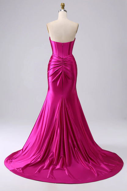 Shiny purple red fishtail sweetheart tight fitting corset with long slit prom dress