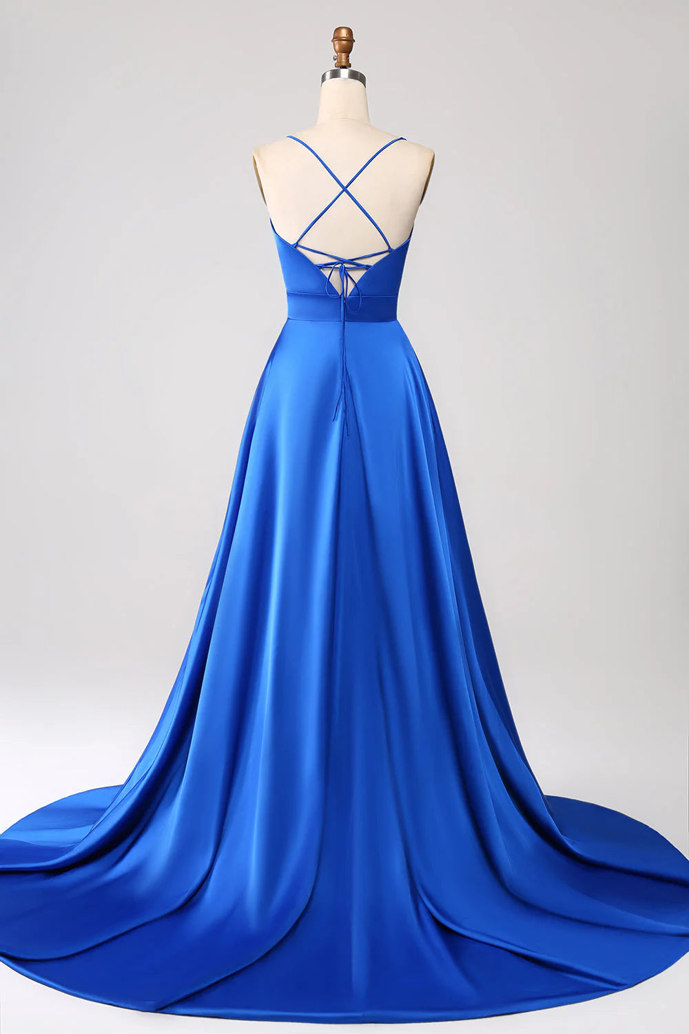 Royal blue A-line thin shoulder strap slit satin prom dress
