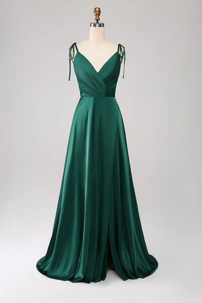 Minimalist dark green thin shoulder strap pleated slit prom dress