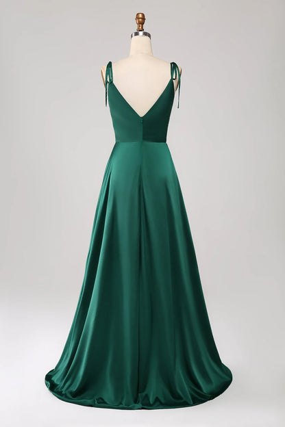 Minimalist dark green thin shoulder strap pleated slit prom dress