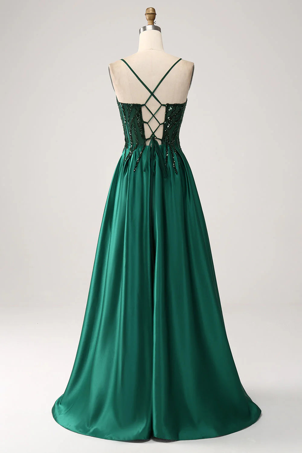 Deep green A-line thin shoulder strap length prom dress