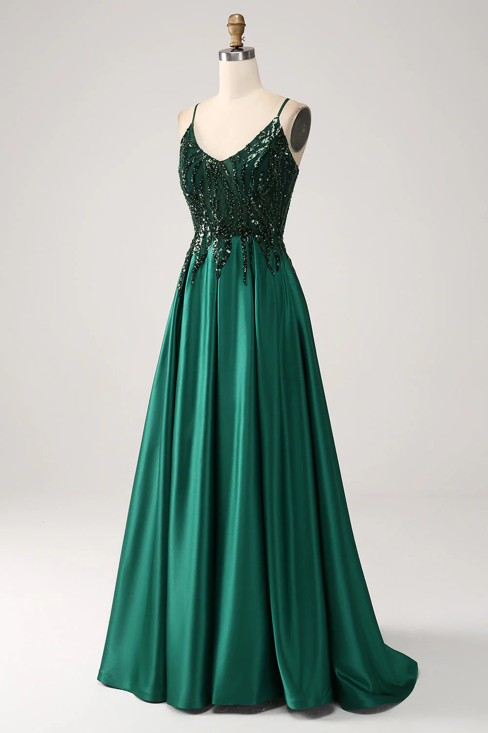 Deep green A-line thin shoulder strap length prom dress