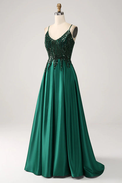 Deep green A-line thin shoulder strap length prom dress