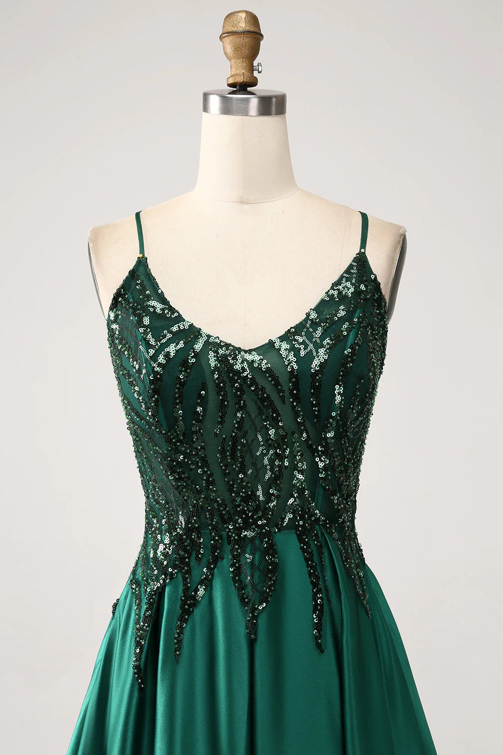 Deep green A-line thin shoulder strap length prom dress
