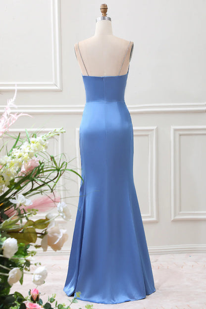 Fish tail gray blue satin fine shoulder strap long prom dress
