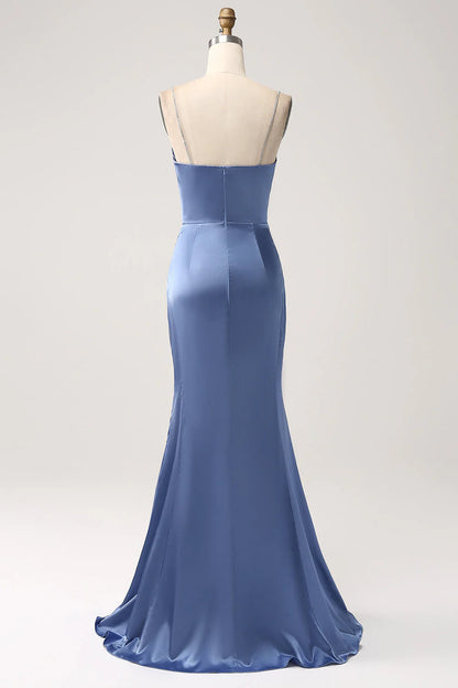 Fish tail gray blue satin fine shoulder strap long prom dress