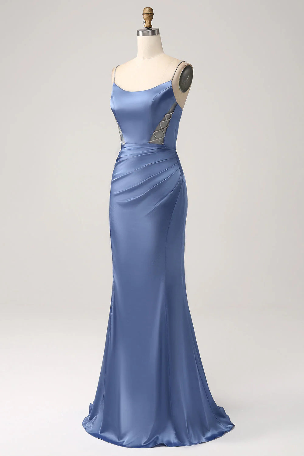 Fish tail gray blue satin fine shoulder strap long prom dress