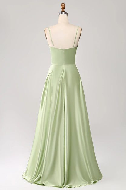 Dusty Sage A-line high neck satin long prom dress