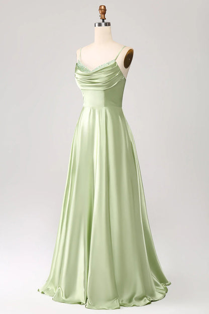 Dusty Sage A-line high neck satin long prom dress