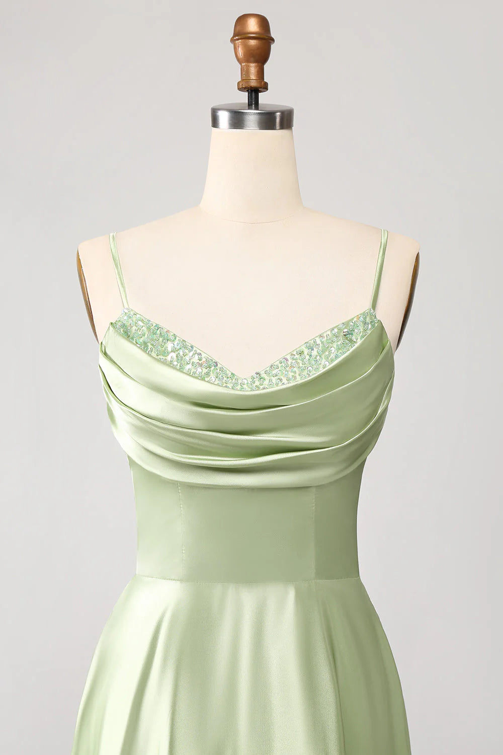 Dusty Sage A-line high neck satin long prom dress