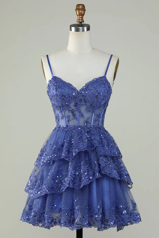 Cute A-line thin shoulder strap dark blue shiny tight fitting corset Cocktail Dresses