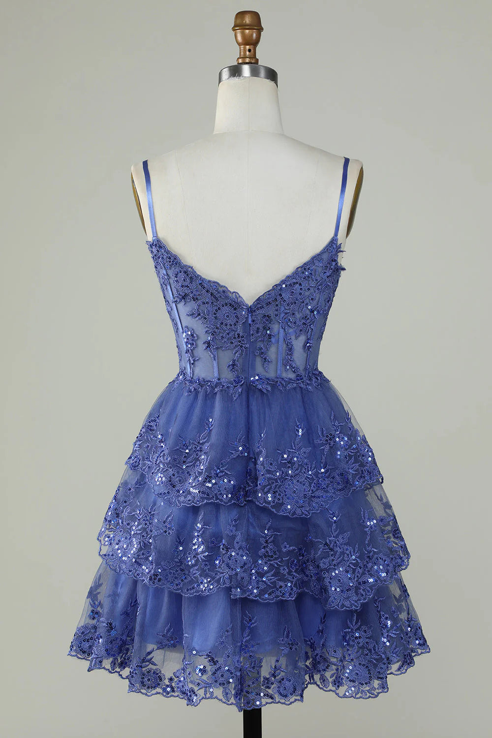 Cute A-line thin shoulder strap dark blue shiny tight fitting corset Cocktail Dresses