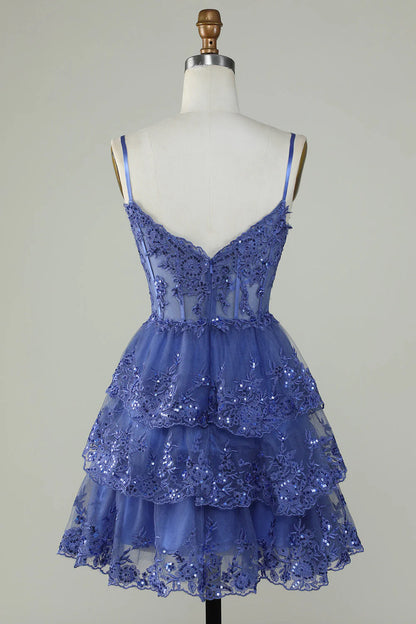 Cute A-line thin shoulder strap dark blue shiny tight fitting corset Cocktail Dresses