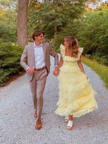 Yellow Tulle Square Neck Ruffled Tiered Maxi A-Line Prom Dresses