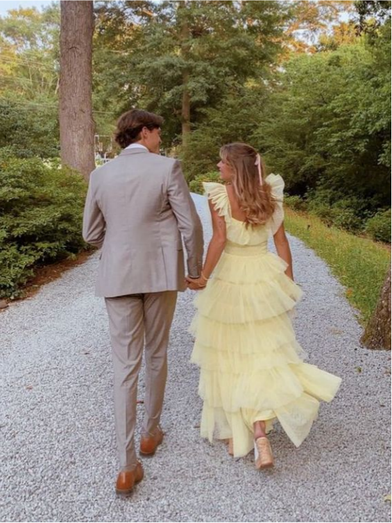 Whimsical Yellow Tulle A-Line Square Neck Ruffled Tiered Maxi Prom Dress