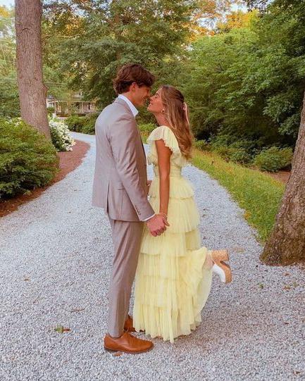 Whimsical Yellow Tulle A-Line Square Neck Ruffled Tiered Maxi Prom Dress