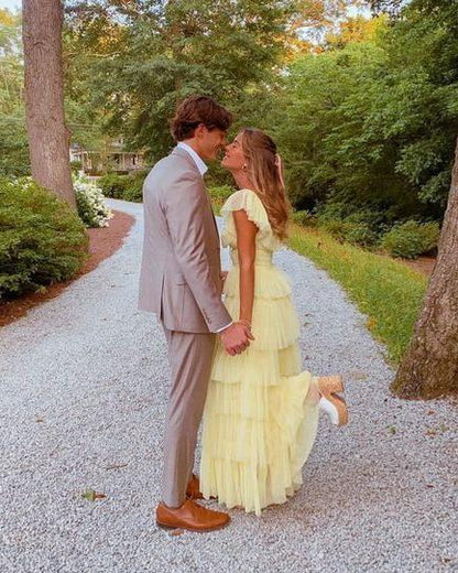 Whimsical Yellow Tulle A-Line Square Neck Ruffled Tiered Maxi Prom Dress