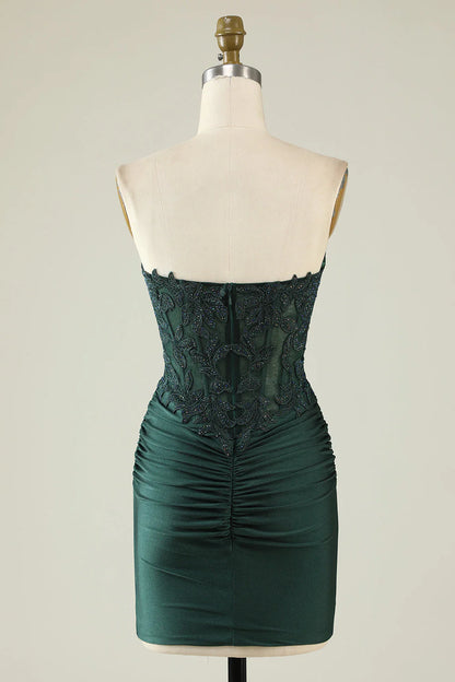 Dark green beaded strapless short Cocktail Dresses