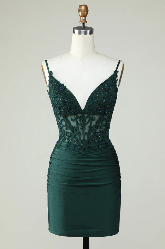 Thin shoulder strap dark green beaded tight fitting corset Cocktail Dresses