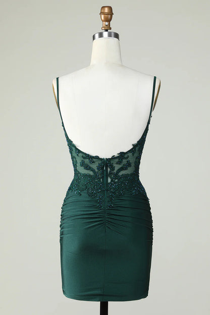 Thin shoulder strap dark green beaded tight fitting corset Cocktail Dresses