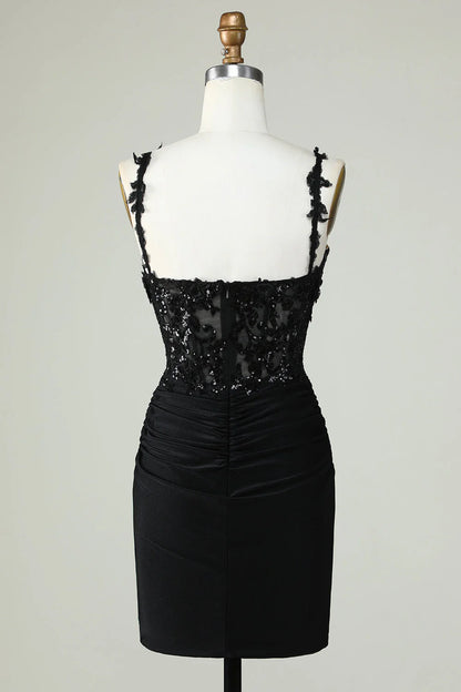 Tight thin shoulder straps black short style with stickers Cocktail Dresses