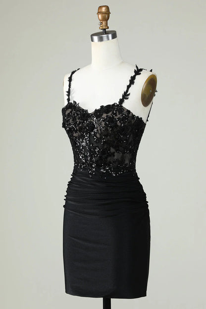 Tight thin shoulder straps black short style with stickers Cocktail Dresses