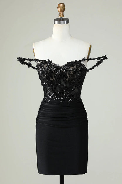 Tight thin shoulder straps black short style with stickers Cocktail Dresses