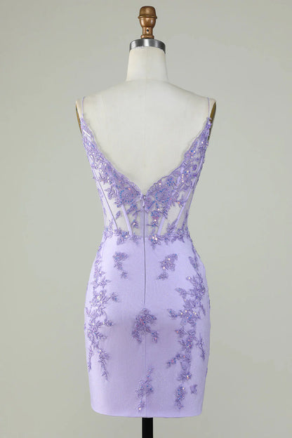 Bodycon thin shoulder straps purple tight fitting corset with stickers Cocktail Dresses