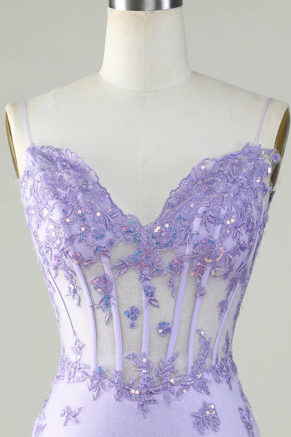 Bodycon thin shoulder straps purple tight fitting corset with stickers Cocktail Dresses