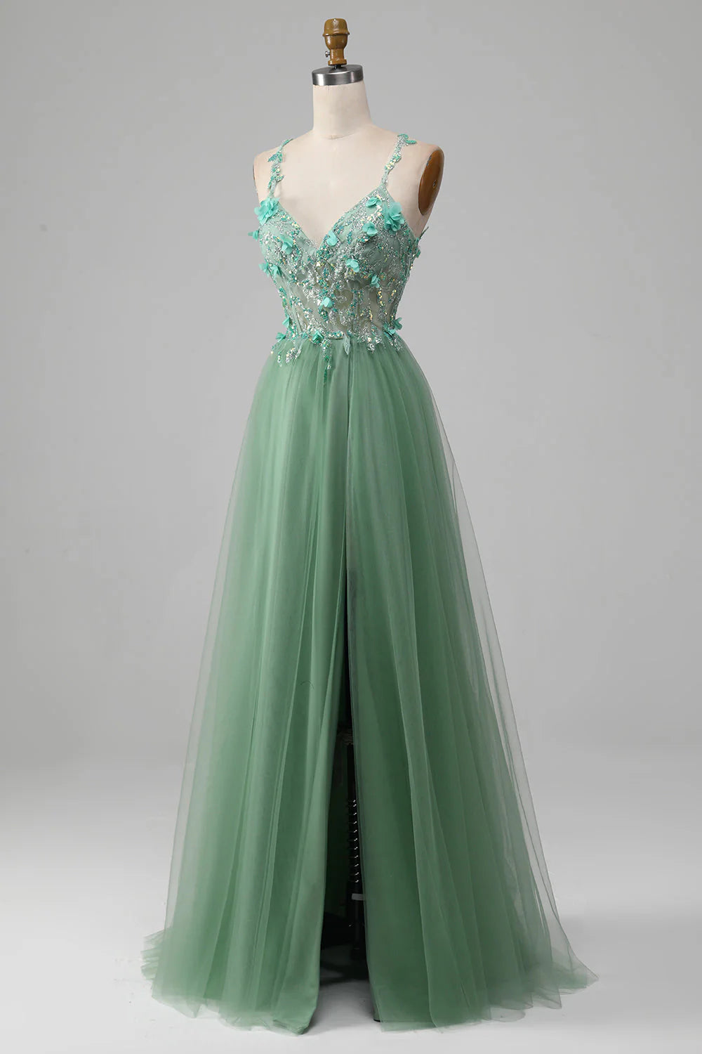 Bright green A-shaped thin shoulder strap tight fitting corset sticker prom dress