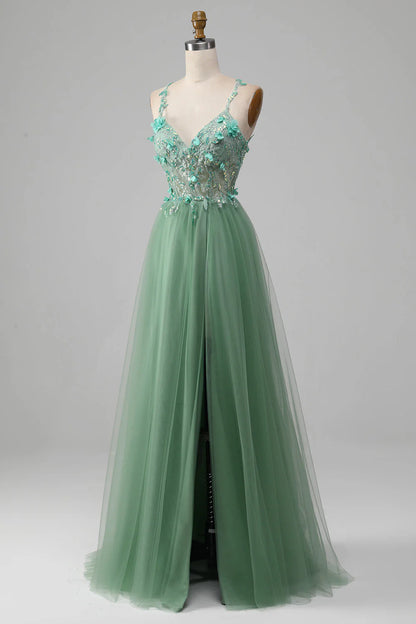 Bright green A-shaped thin shoulder strap tight fitting corset sticker prom dress