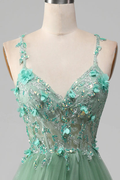 Bright green A-shaped thin shoulder strap tight fitting corset sticker prom dress