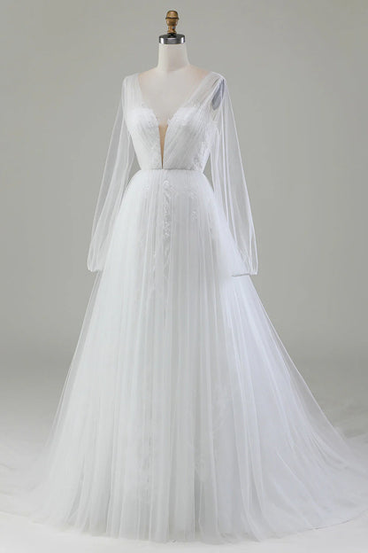 Ivory A-line V-neck long sleeved pleated sheer wedding dress