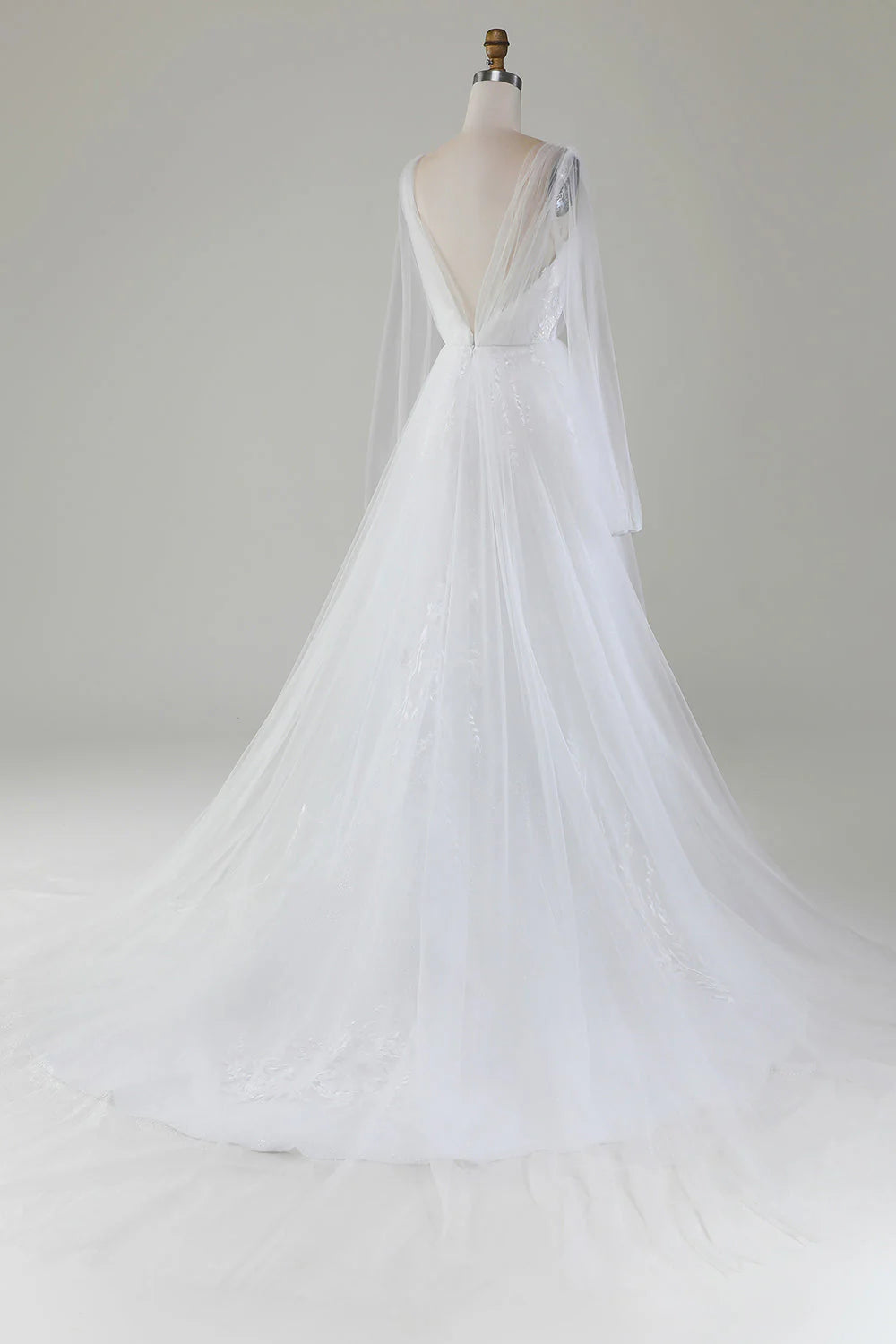Ivory A-line V-neck long sleeved pleated sheer wedding dress
