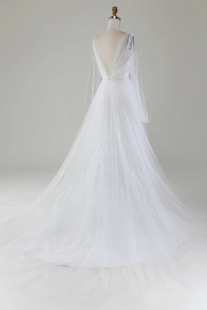 Ivory A-line V-neck long sleeved pleated sheer wedding dress